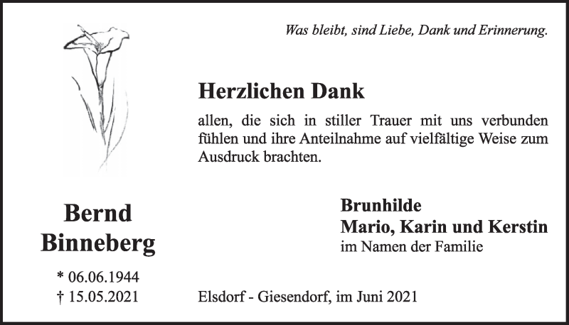  Traueranzeige für Bernd Binneberg vom 04.06.2021 aus  Werbepost 