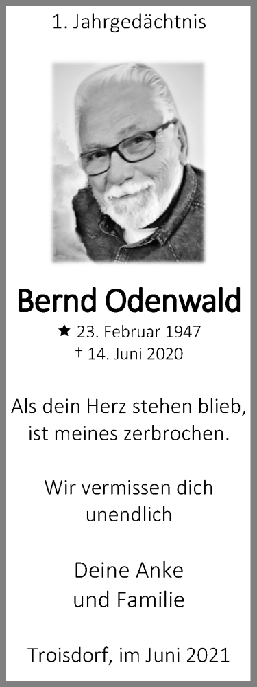  Traueranzeige für Bernd Odenwald vom 12.06.2021 aus Kölner Stadt-Anzeiger / Kölnische Rundschau / Express
