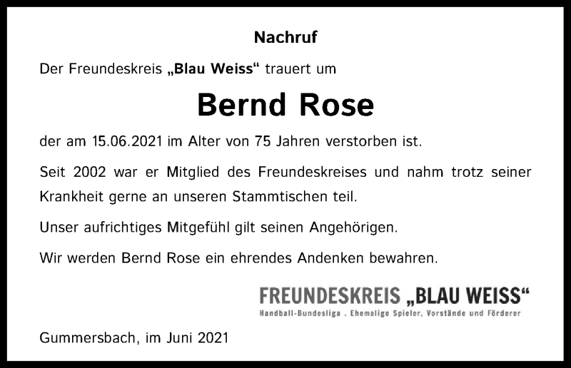 Traueranzeige für Bernd Rose vom 26.06.2021 aus Kölner Stadt-Anzeiger / Kölnische Rundschau / Express