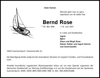 Anzeige von Bernd Rose von Kölner Stadt-Anzeiger / Kölnische Rundschau / Express