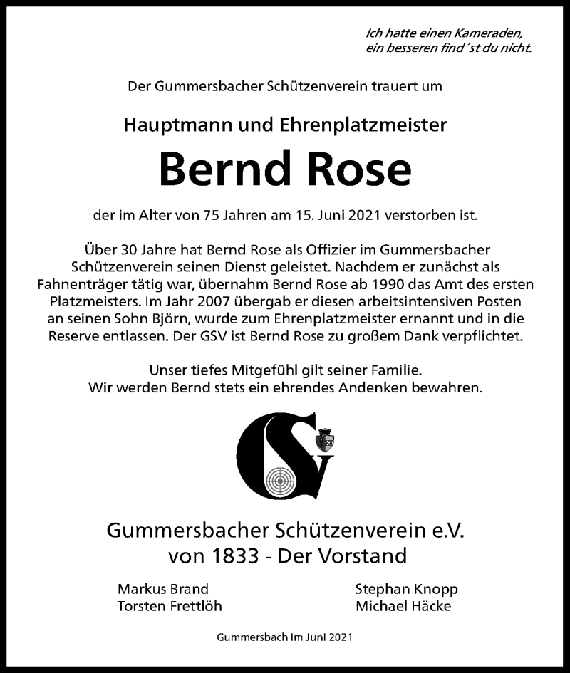  Traueranzeige für Bernd Rose vom 23.06.2021 aus Kölner Stadt-Anzeiger / Kölnische Rundschau / Express