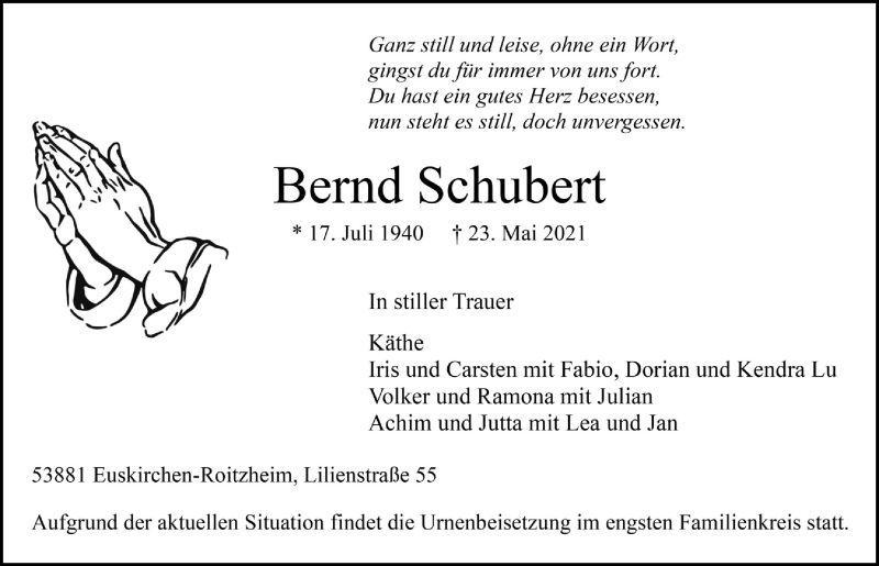  Traueranzeige für Bernd Schubert vom 12.06.2021 aus  Blickpunkt Euskirchen 