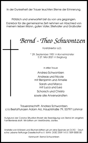 Anzeige von Bernd-Theo Schwontzen von Kölner Stadt-Anzeiger / Kölnische Rundschau / Express