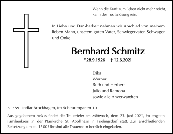 Anzeige von Bernhard Schmitz von Kölner Stadt-Anzeiger / Kölnische Rundschau / Express