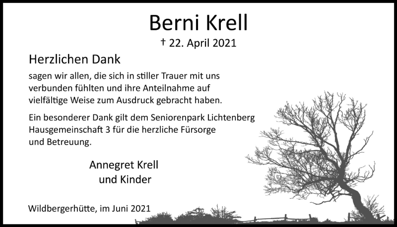  Traueranzeige für Berni Krell vom 04.06.2021 aus  Lokalanzeiger 