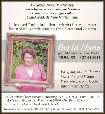 Anzeige von Berta Haus von  Kölner Wochenspiegel 