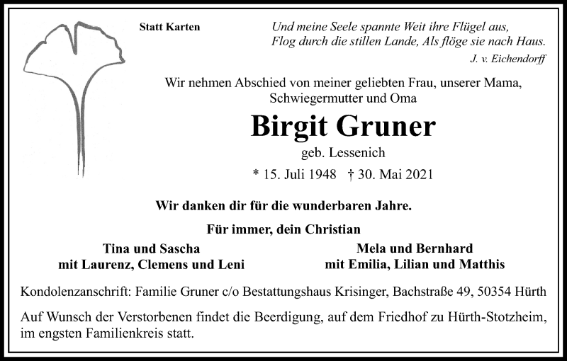  Traueranzeige für Birgit Gruner vom 05.06.2021 aus Kölner Stadt-Anzeiger / Kölnische Rundschau / Express