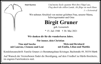 Anzeige von Birgit Gruner von Kölner Stadt-Anzeiger / Kölnische Rundschau / Express