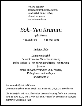 Anzeige von Bok-Yen Kramm von Kölner Stadt-Anzeiger / Kölnische Rundschau / Express
