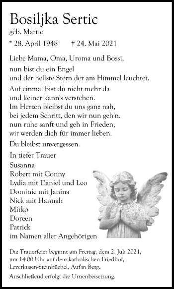 Anzeige von Bosiljka Sertic von Kölner Stadt-Anzeiger / Kölnische Rundschau / Express