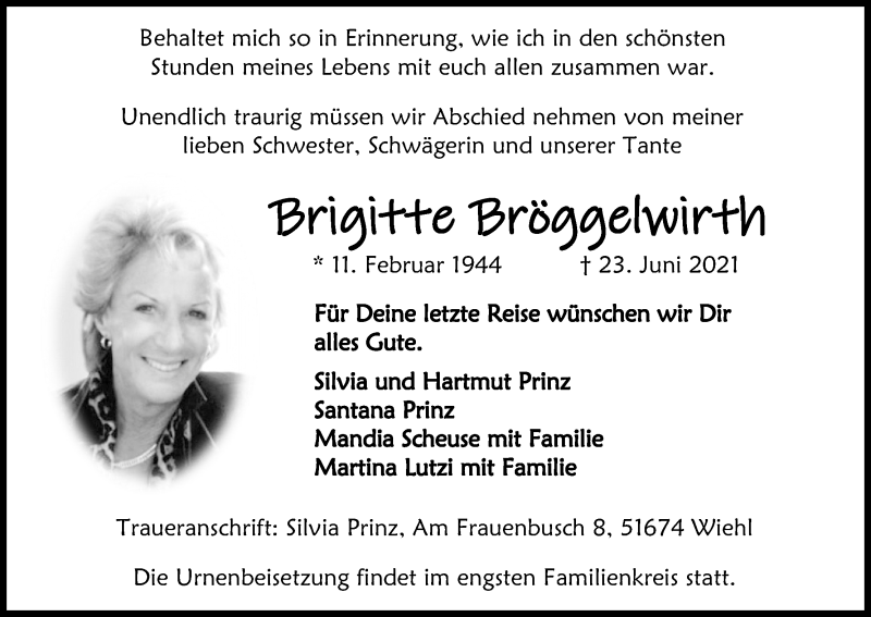  Traueranzeige für Brigitte Bröggelwirth vom 26.06.2021 aus Kölner Stadt-Anzeiger / Kölnische Rundschau / Express