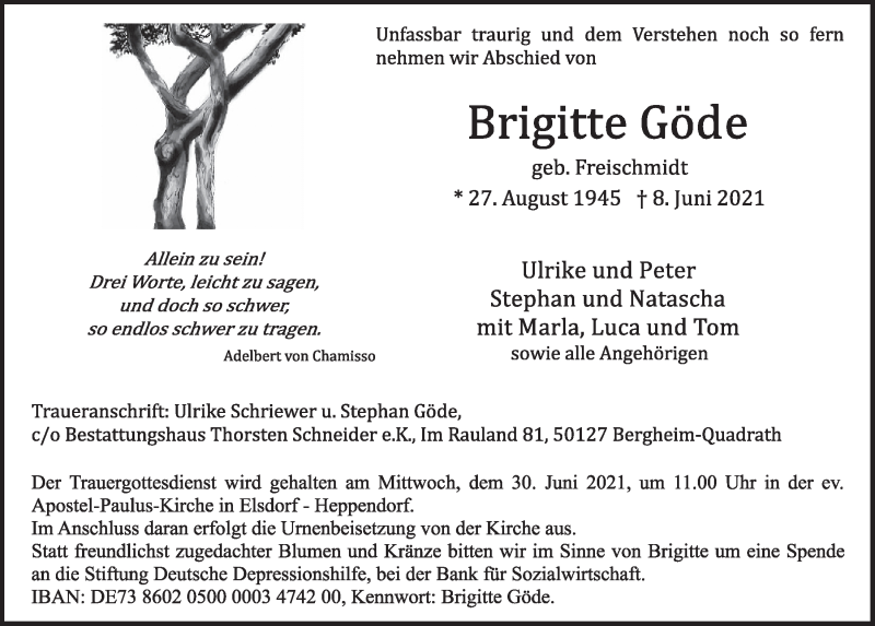  Traueranzeige für Brigitte Göde vom 18.06.2021 aus  Werbepost 
