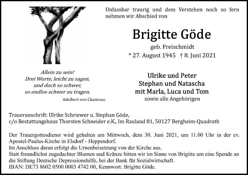  Traueranzeige für Brigitte Göde vom 19.06.2021 aus Kölner Stadt-Anzeiger / Kölnische Rundschau / Express