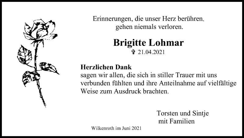  Traueranzeige für Brigitte Lohmar vom 05.06.2021 aus Kölner Stadt-Anzeiger / Kölnische Rundschau / Express