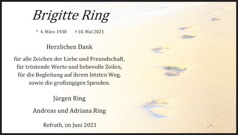  Traueranzeige für Brigitte Ring vom 26.06.2021 aus Kölner Stadt-Anzeiger / Kölnische Rundschau / Express