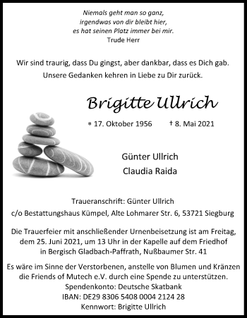 Anzeige von Brigitte Ullrich von Kölner Stadt-Anzeiger / Kölnische Rundschau / Express