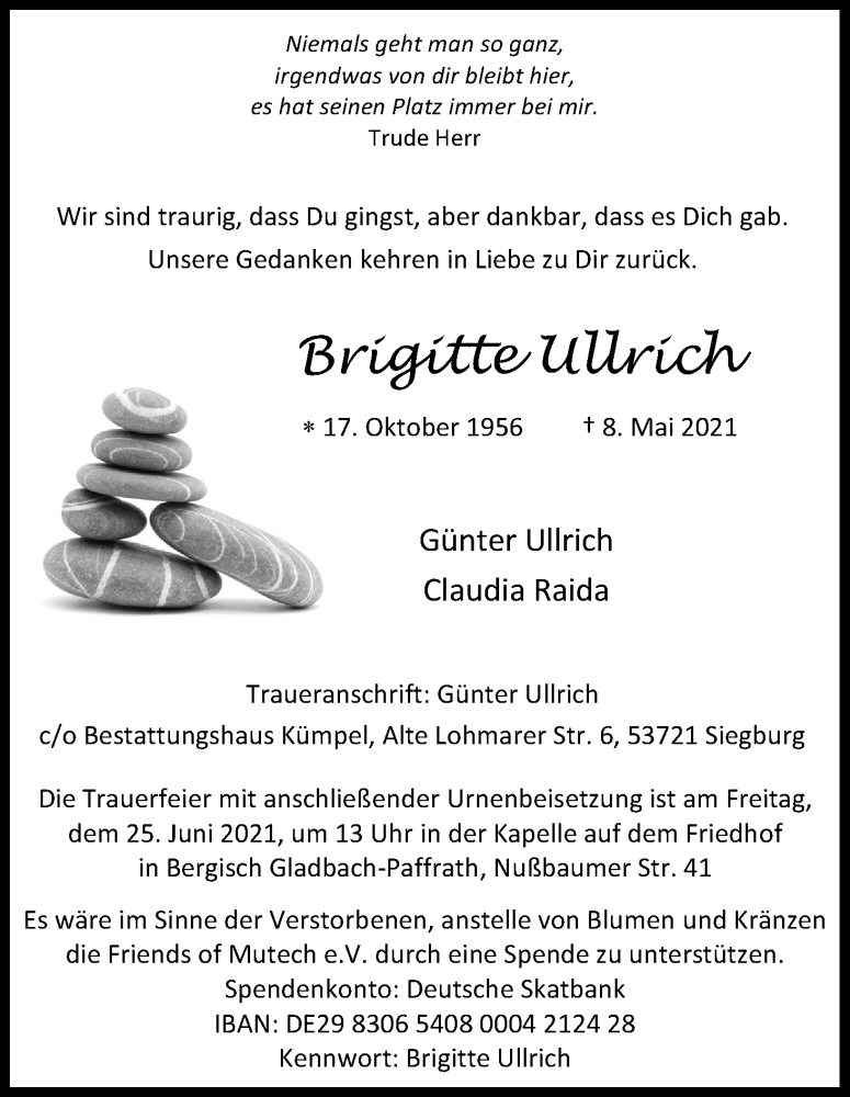  Traueranzeige für Brigitte Ullrich vom 19.06.2021 aus Kölner Stadt-Anzeiger / Kölnische Rundschau / Express