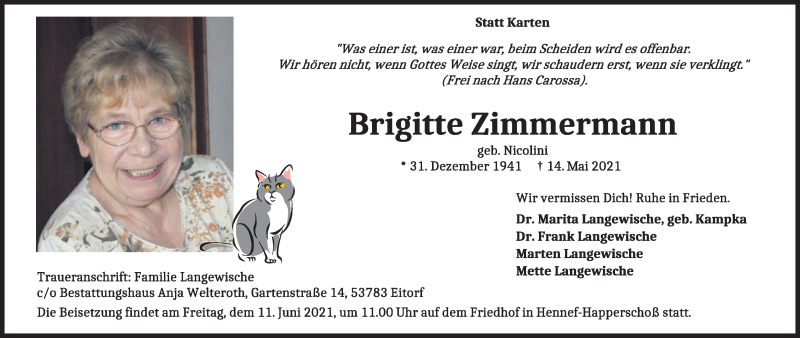  Traueranzeige für Brigitte Zimmermann vom 05.06.2021 aus Kölner Stadt-Anzeiger / Kölnische Rundschau / Express