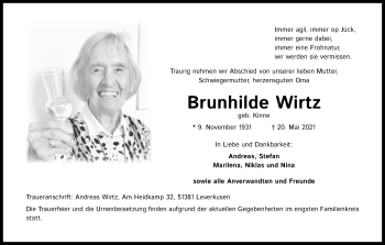 Anzeige von Brunhilde Wirtz von Kölner Stadt-Anzeiger / Kölnische Rundschau / Express