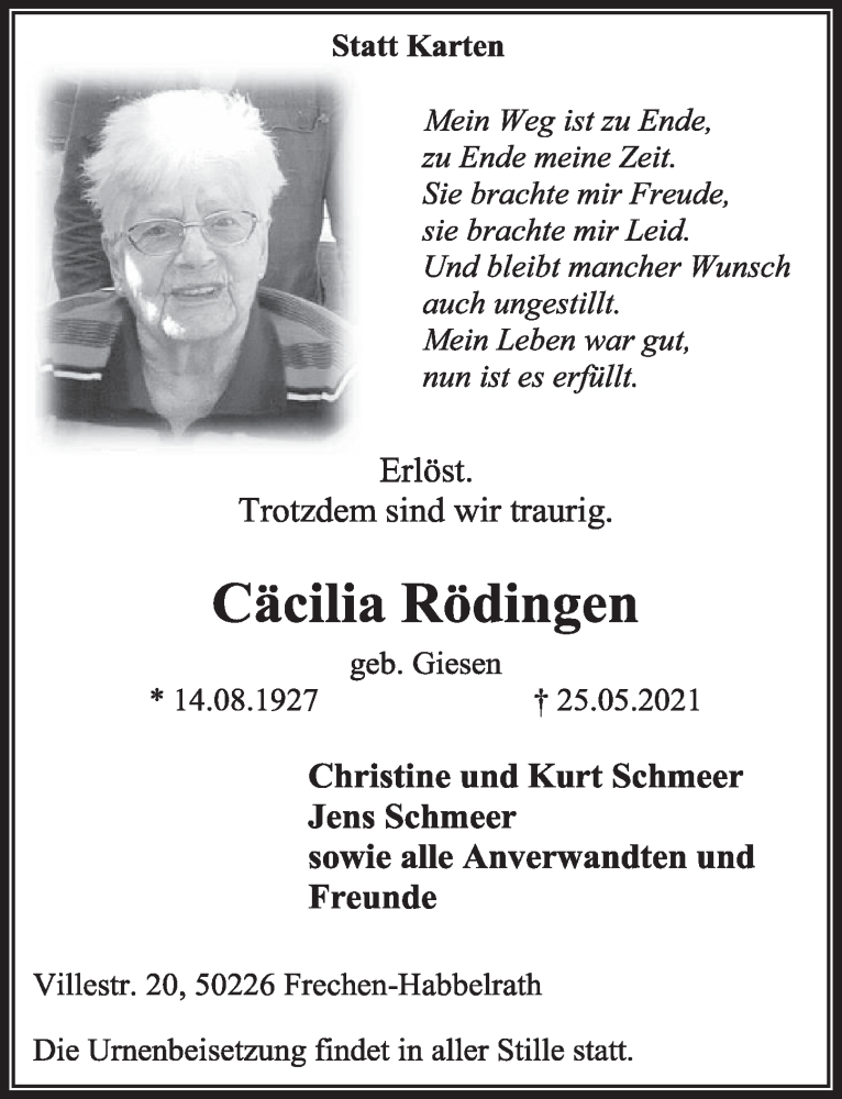  Traueranzeige für Cäcilia Rödingen vom 04.06.2021 aus  Wochenende  Werbepost 