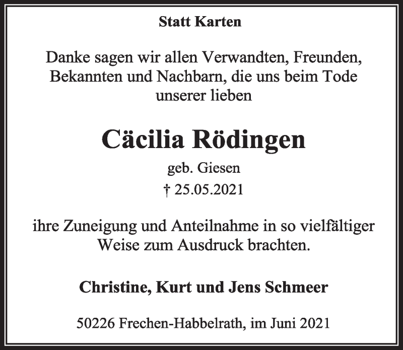  Traueranzeige für Cäcilia Rödingen vom 25.06.2021 aus  Wochenende 