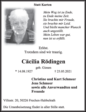Anzeige von Cäcilia Rödingen von  Wochenende  Werbepost 