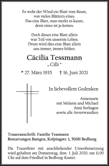 Anzeige von Cäcilia Tessmann von  Werbepost 