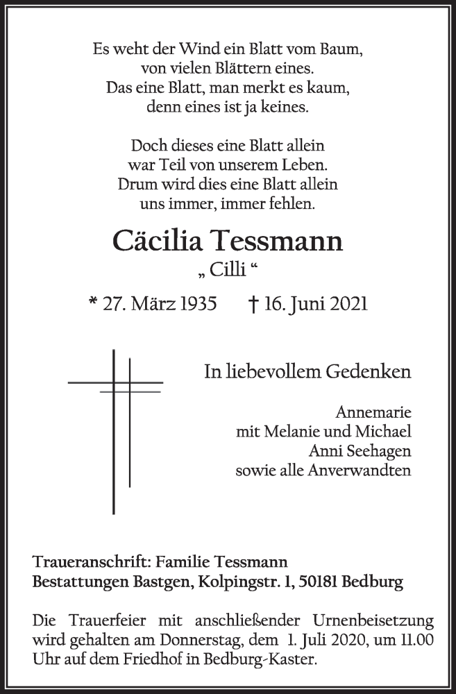  Traueranzeige für Cäcilia Tessmann vom 25.06.2021 aus  Werbepost 