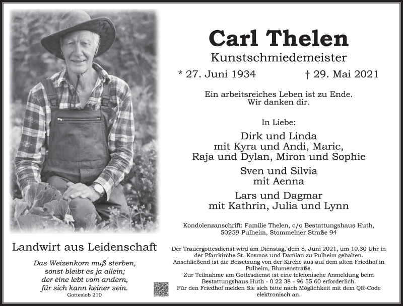  Traueranzeige für Carl Thelen vom 04.06.2021 aus  Wochenende 