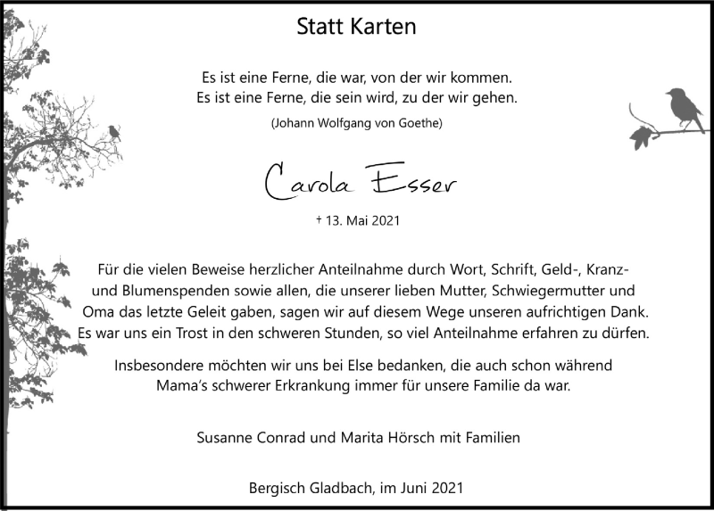  Traueranzeige für Carola Esser vom 18.06.2021 aus  Bergisches Handelsblatt 