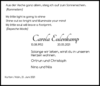 Anzeige von Carola Eulenkamp von Kölner Stadt-Anzeiger / Kölnische Rundschau / Express