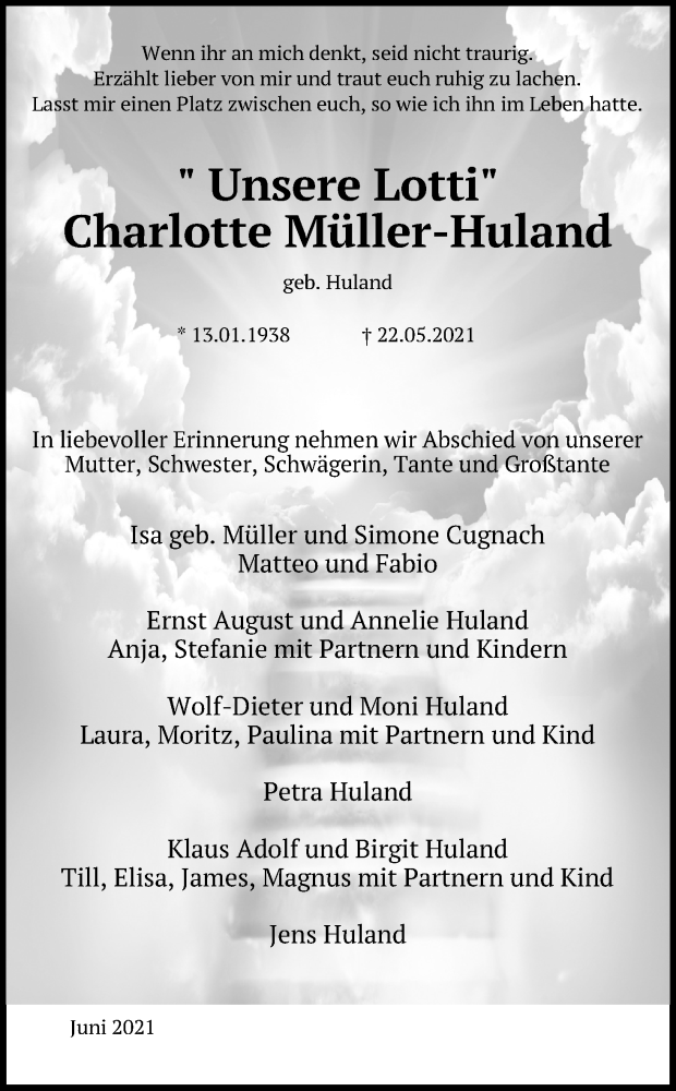  Traueranzeige für Charlotte Müller-Huland vom 12.06.2021 aus Kölner Stadt-Anzeiger / Kölnische Rundschau / Express