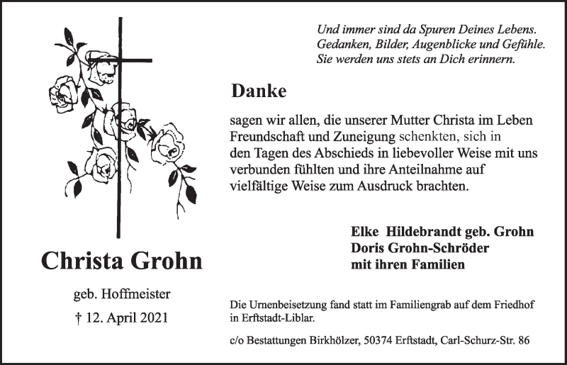  Traueranzeige für Christa Grohn vom 11.06.2021 aus  Werbepost 