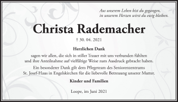 Anzeige von Christa Rademacher von  Anzeigen Echo 