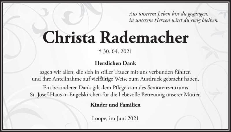  Traueranzeige für Christa Rademacher vom 11.06.2021 aus  Anzeigen Echo 