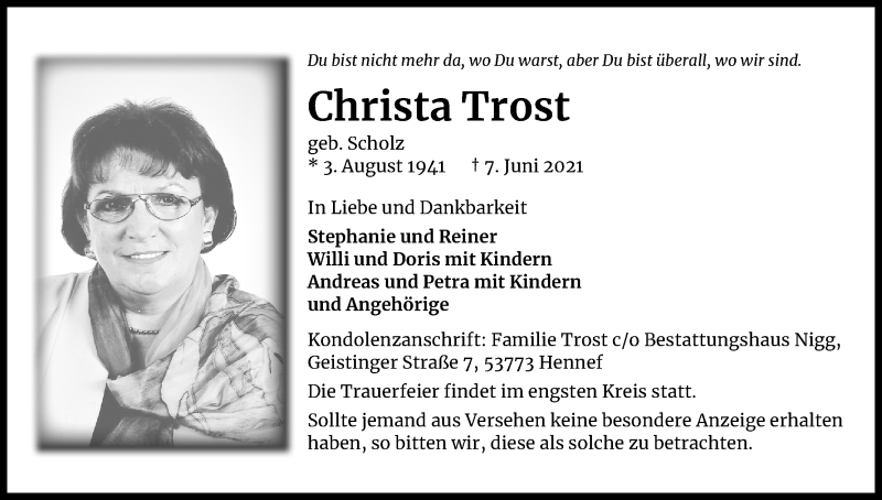  Traueranzeige für Christa Trost vom 16.06.2021 aus Kölner Stadt-Anzeiger / Kölnische Rundschau / Express