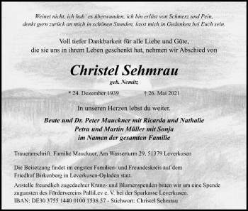 Anzeige von Christel Sehmrau von Kölner Stadt-Anzeiger / Kölnische Rundschau / Express