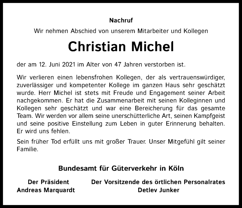  Traueranzeige für Christian Michel vom 26.06.2021 aus Kölner Stadt-Anzeiger / Kölnische Rundschau / Express