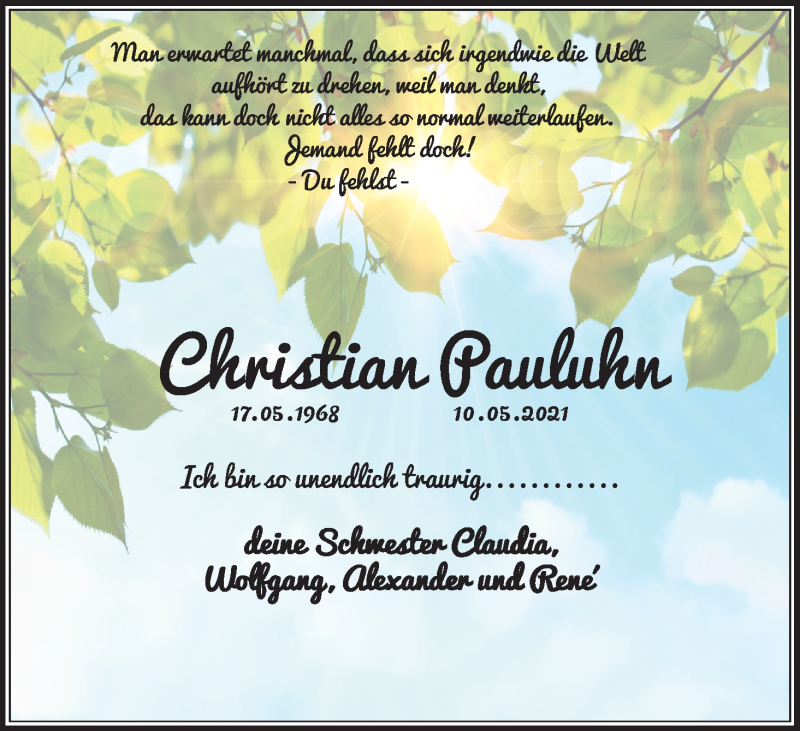  Traueranzeige für Christian Pauluhn vom 05.06.2021 aus Kölner Stadt-Anzeiger / Kölnische Rundschau / Express