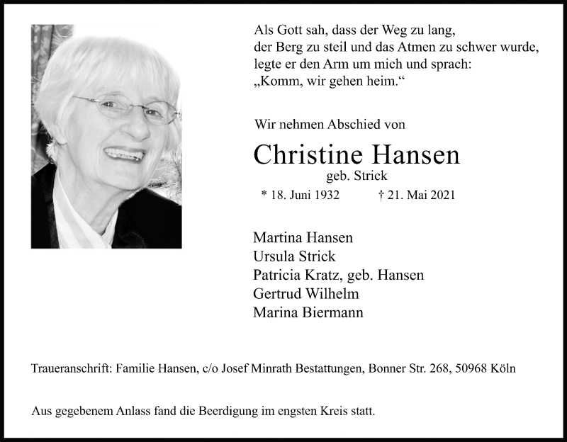  Traueranzeige für Christine Hansen vom 05.06.2021 aus Kölner Stadt-Anzeiger / Kölnische Rundschau / Express