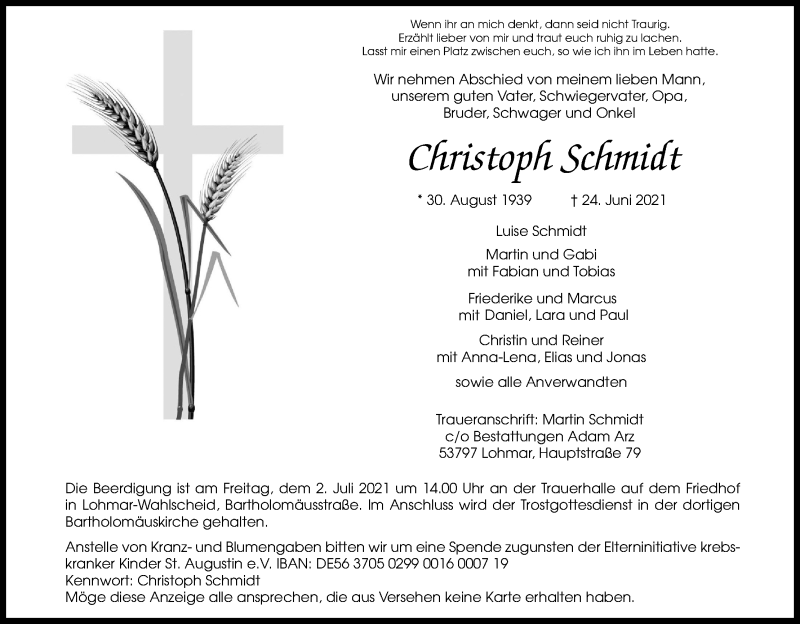  Traueranzeige für Christoph Schmidt vom 29.06.2021 aus Kölner Stadt-Anzeiger / Kölnische Rundschau / Express