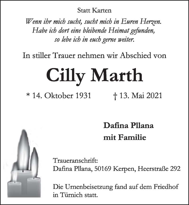  Traueranzeige für Cilly Marth vom 11.06.2021 aus  Werbepost 
