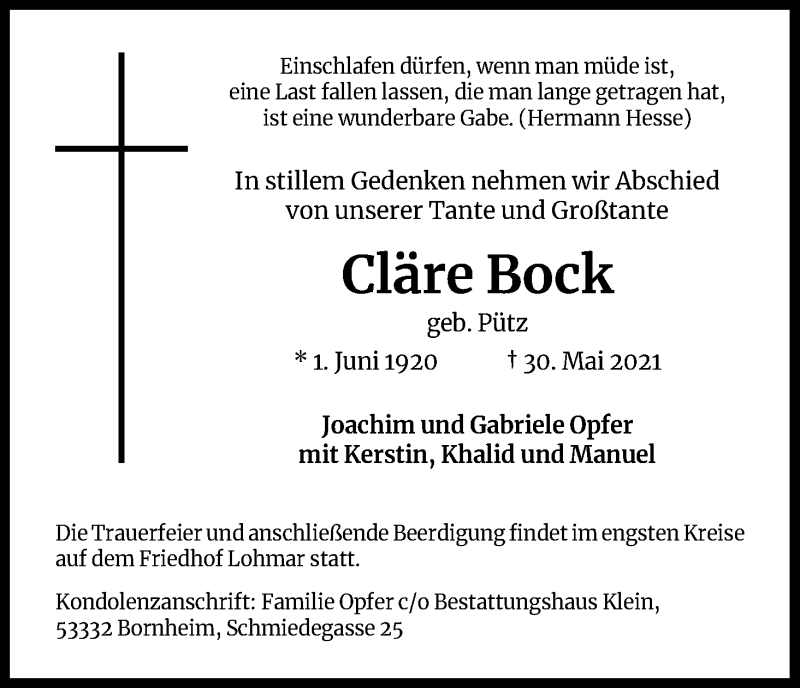  Traueranzeige für Cläre Bock vom 05.06.2021 aus Kölner Stadt-Anzeiger / Kölnische Rundschau / Express