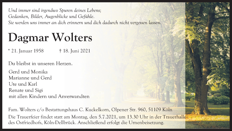  Traueranzeige für Dagmar Wolters vom 26.06.2021 aus Kölner Stadt-Anzeiger / Kölnische Rundschau / Express