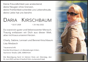 Anzeige von Daria Kirschbaum von Kölner Stadt-Anzeiger / Kölnische Rundschau / Express