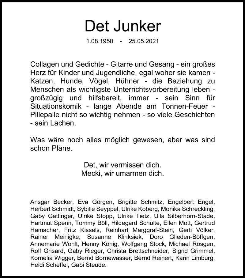  Traueranzeige für Det Junker vom 05.06.2021 aus Kölner Stadt-Anzeiger / Kölnische Rundschau / Express