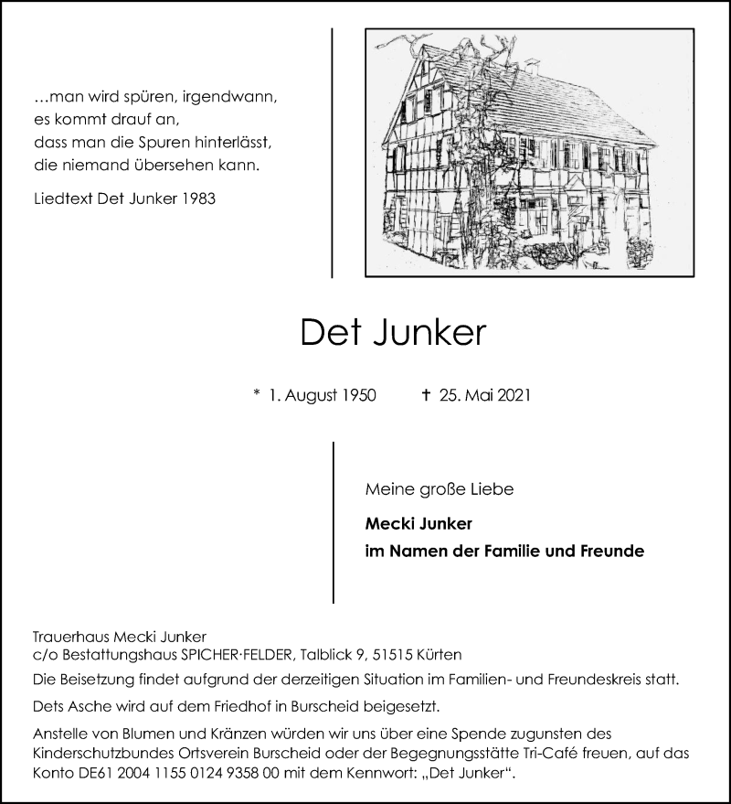  Traueranzeige für Det Junker vom 05.06.2021 aus Kölner Stadt-Anzeiger / Kölnische Rundschau / Express