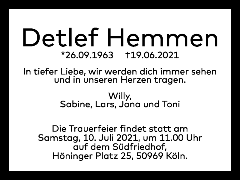  Traueranzeige für Detlef Hemmen vom 26.06.2021 aus Kölner Stadt-Anzeiger / Kölnische Rundschau / Express
