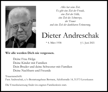 Anzeige von Dieter Andreschak von Kölner Stadt-Anzeiger / Kölnische Rundschau / Express