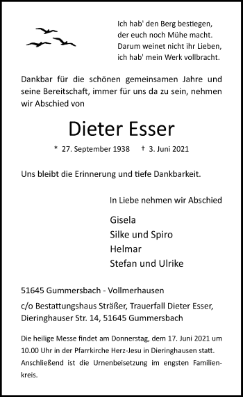 Anzeige von Dieter Esser von  Anzeigen Echo 